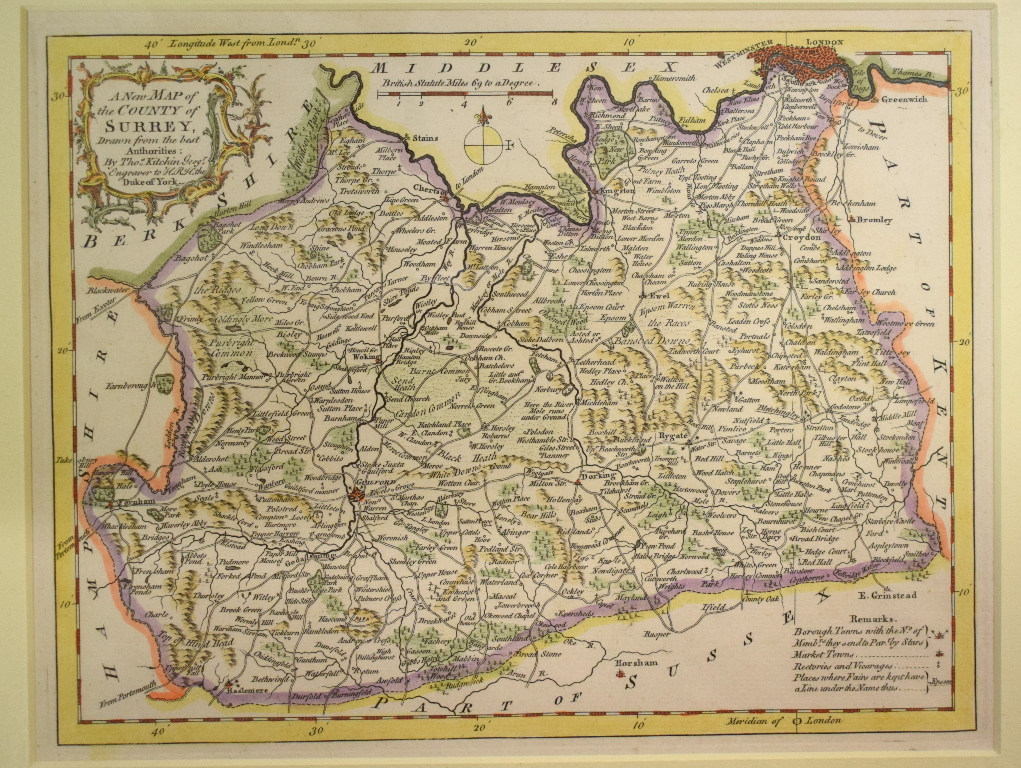 Surrey. A Thomas Kitchin map, A New Map of The County of Surrey, mounted, 20.5 x 26.5 cm, a Moll