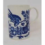 An 18th century Worcester porcelain mug, decorated a parrot pecking fruit, star crack to base, 12.