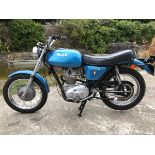 A 1971 BSA B25 SS Gold Star, registration number ARY 643K, blue. The BSA/Triumph revamped range