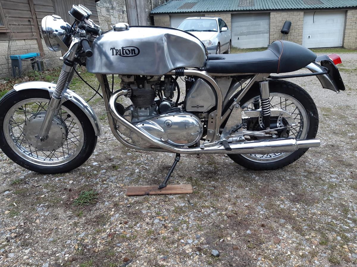 A 1956 Triton café racer, registration number TFF 450, aluminium/nickel. This well presented and