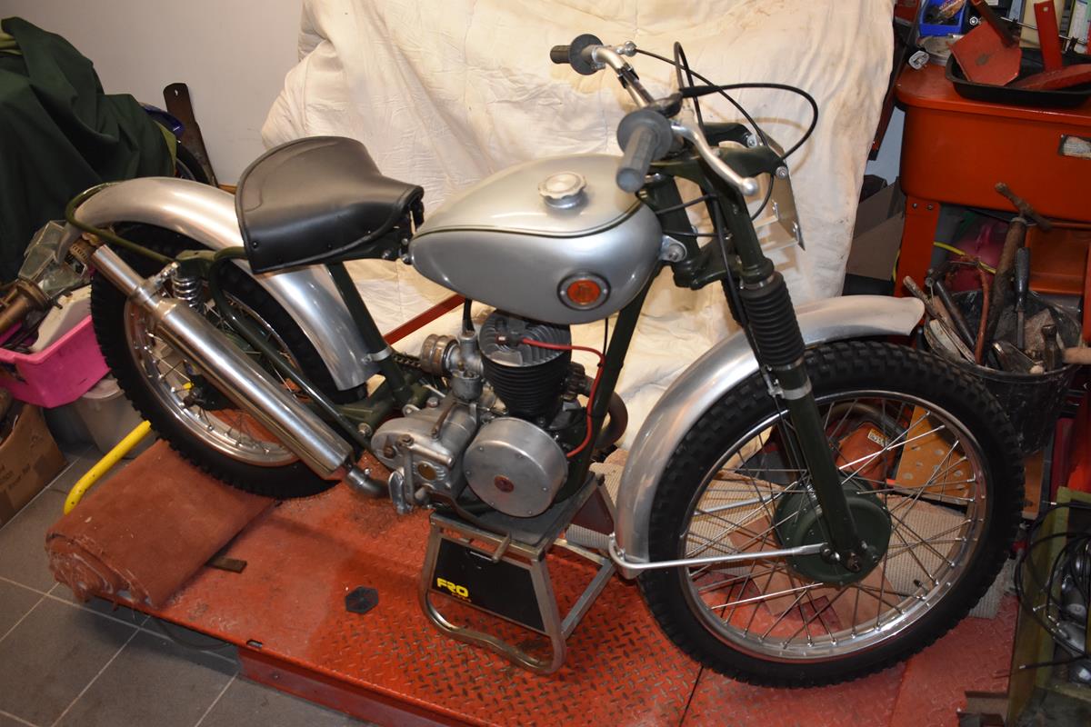 A pre 65 Francis Barnett 197cc trials, unregistered, silver and green. This restored trials bike