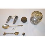 EXTRA LOT: An Eastern silver coloured metal box and cover, embossed animals, 8 cm high, a pair of