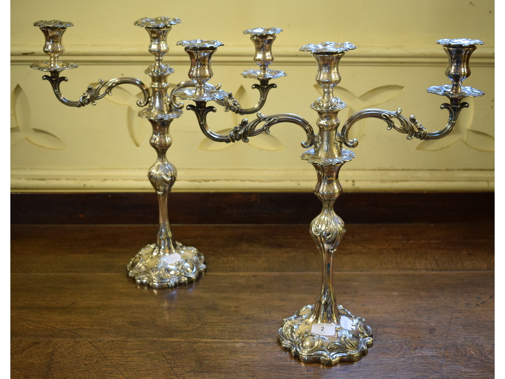 A pair of Victorian silver plated three light candelabra, 51 cm high (2)
