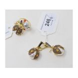 A pair of gold plated ladybird drop earrings, and a matching ring, approx. ring size O½ Report by NG