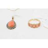 A 9ct gold and coral ring, approx. ring size N½, and a similar coral and diamond pendant (2)