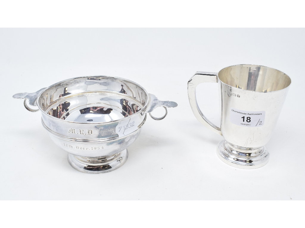 A silver christening tankard, initialled, Birmingham 1944, and a silver two handled bowl, approx.