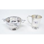 A silver christening tankard, initialled, Birmingham 1944, and a silver two handled bowl, approx.