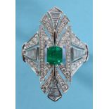 An Art Deco style 18ct gold, emerald and diamond panel ring, approx. ring size N See illustration