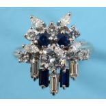 An Art Deco style diamond and sapphire cluster ring, in a white coloured metal setting, approx. ring