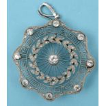 A diamond pendant, the central diamond surrounded by spoke, laurel leaf and Greek key borders,