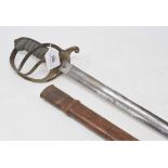 A Gloucester Artillery Volunteers sword, with a wire bound fishskin grip and a leather scabbard