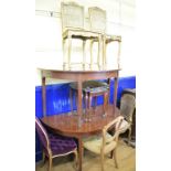 A mahogany D shaped dining table, 132 cm wide, five assorted chairs and a nest of tables (qty)