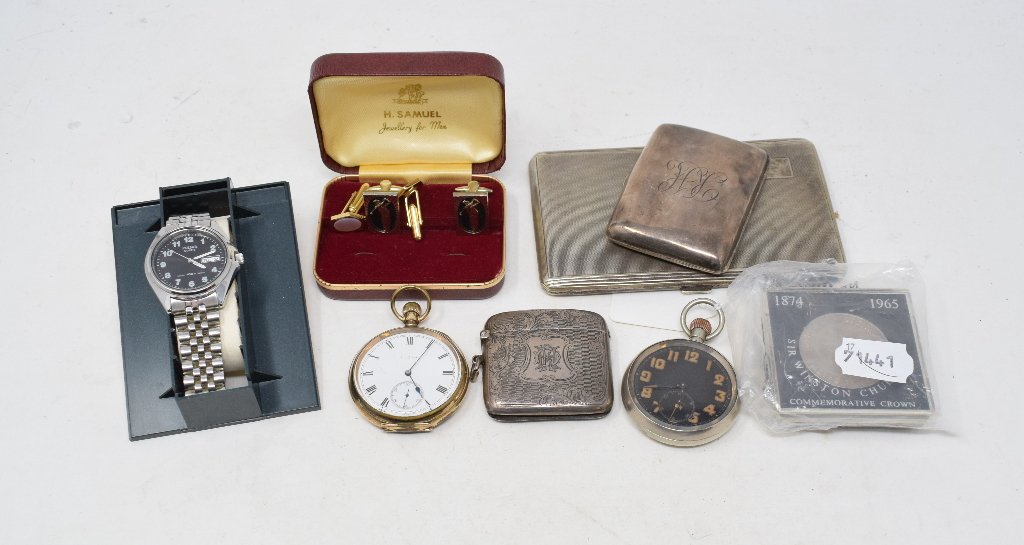 An MOD issue open face pocket watch, with a black dial, the case stamped with a crow's foot and C