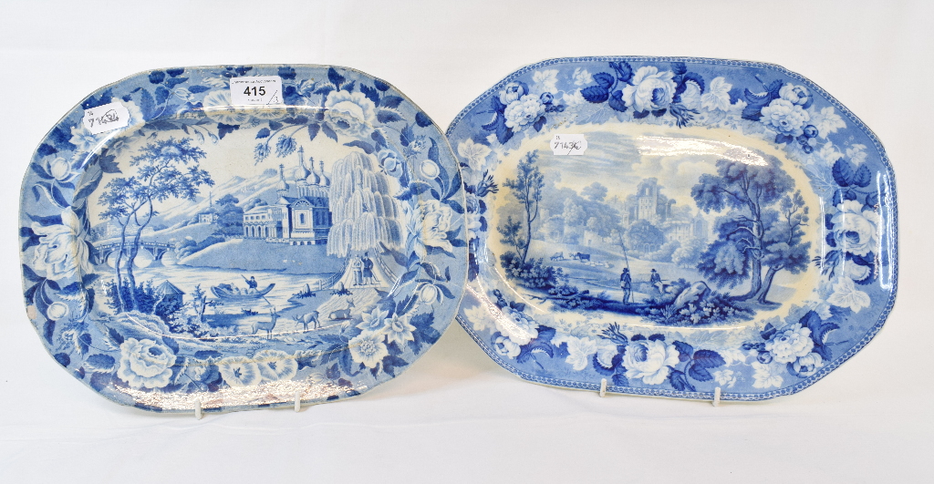 A 19th century blue and white pottery plate, transfer printed Stirling Castle, 34 cm wide, and two - Image 2 of 5