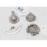 Four silver sweetheart brooches, comprising Argyll & Sutherland Highlanders, The Buffs, Royal