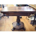 A William IV rosewood card table, on a circular platform base, 90 cm wide, a sofa table and a