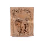 Lacour, a terracotta panel decorated in high relief two fauns escorting a Bacchus, slight damage,