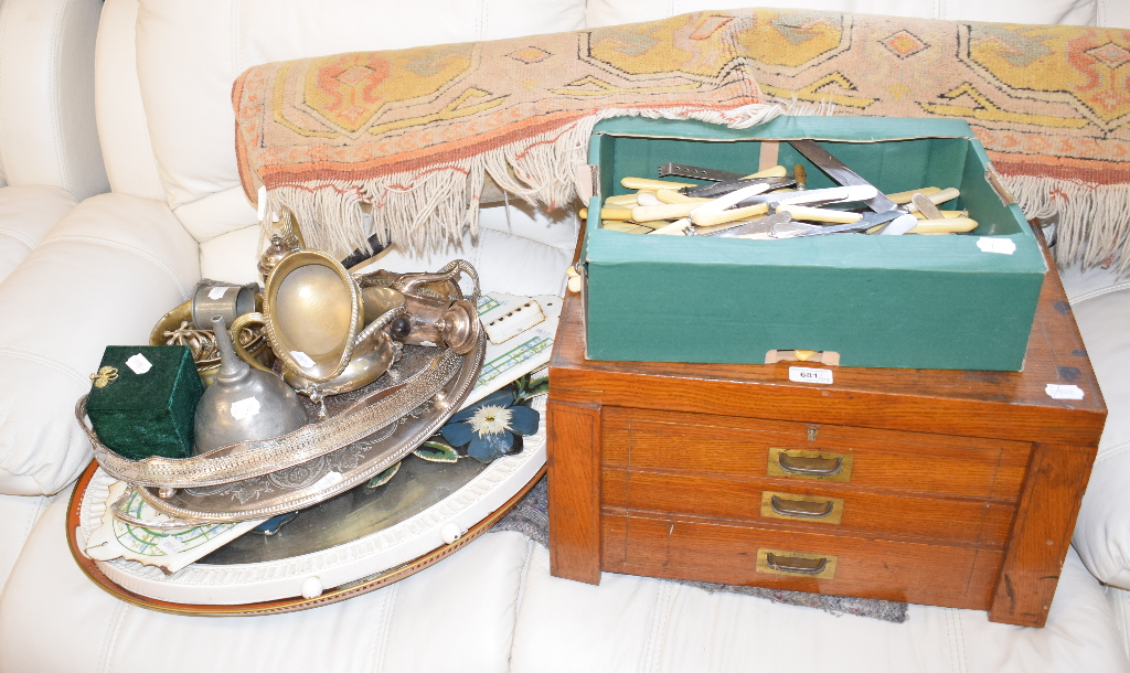 A pair of silver plated sauceboats, two silver plated trays, other silver plate, cutlery,