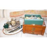 A pair of silver plated sauceboats, two silver plated trays, other silver plate, cutlery,