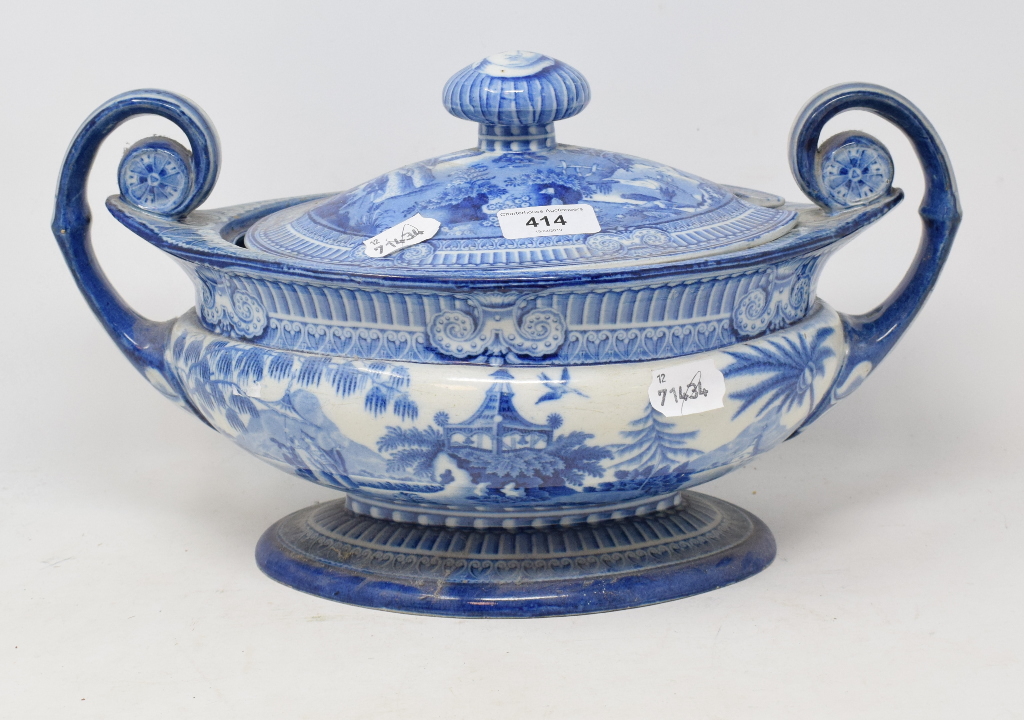 A 19th century blue and white pottery tureen and cover, with chinoiserie transfer printed - Image 2 of 7