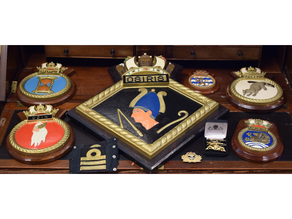 A submarine gangway crest from HMS Osiris, three Oberon Class submarine presentation crests, two