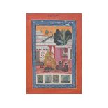 An Indian Sirohi gouache picture, a figure with attendants, by a palace with a peacock on the