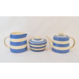 A T G Green blue Cornish ware teapot and cover, other similar items, ceramics, glass and textiles (5