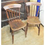 A pair of stick back kitchen chairs, with elm seats, a childs chair and a low chair (4)