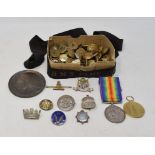 A silver wound badge, other badges, buttons, pips, coins and other items