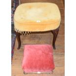 A Victorian mahogany square stool, the upholstered top on leaf carved cabriole legs, and another