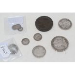 An Elizabeth I hammered sixpence, 1582, three Maundy 2d coins, 1838 (2) and 1888, and other coins