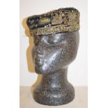 A velvet cap, embroidered with sequins, 26 cm wide, and other textiles (box)