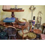 An inlaid dining table, with a shaped oval top, 146 cm wide, a similar low table, assorted wine