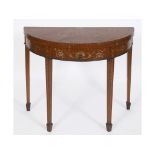 A late Victorian D shape card table, veneered in satinwood and with painted floral decoration, on
