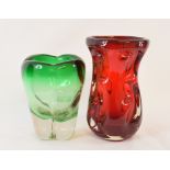 A Whitefriars style red glass vase, 18.5 cm high, a similar green glass vase, other glass and