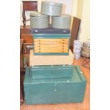 A green painted pine chest, 92 cm wide, other assorted boxes, chests, and a Chinese faux
