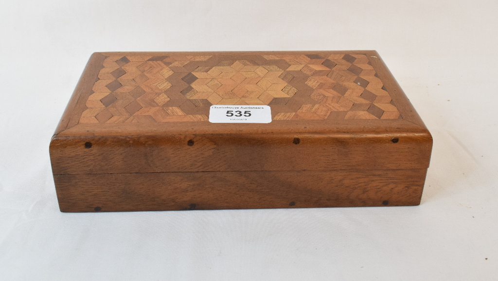 A Tunbridge Ware Tumbling Blocks box and cover, 23 cm high