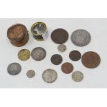A George II shilling, 1758, a Mexican 8 reales, 1834, and other assorted coins