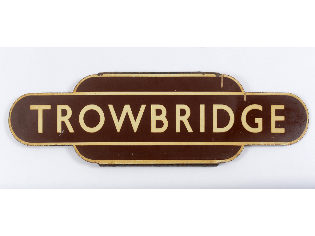 A Great Western Railway (GWR) totem sign, TROWBRIDGE, with flanges to top and bottom, slight loss,