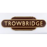 A Great Western Railway (GWR) totem sign, TROWBRIDGE, with flanges to top and bottom, slight loss,