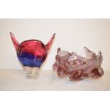 Two freeform art glass bowls, a Murano glass clown, a pair of ruby flash glass vases and other glass