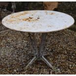 An early 20th century painted metal garden table, on an architectural style base, 96 cm diameter