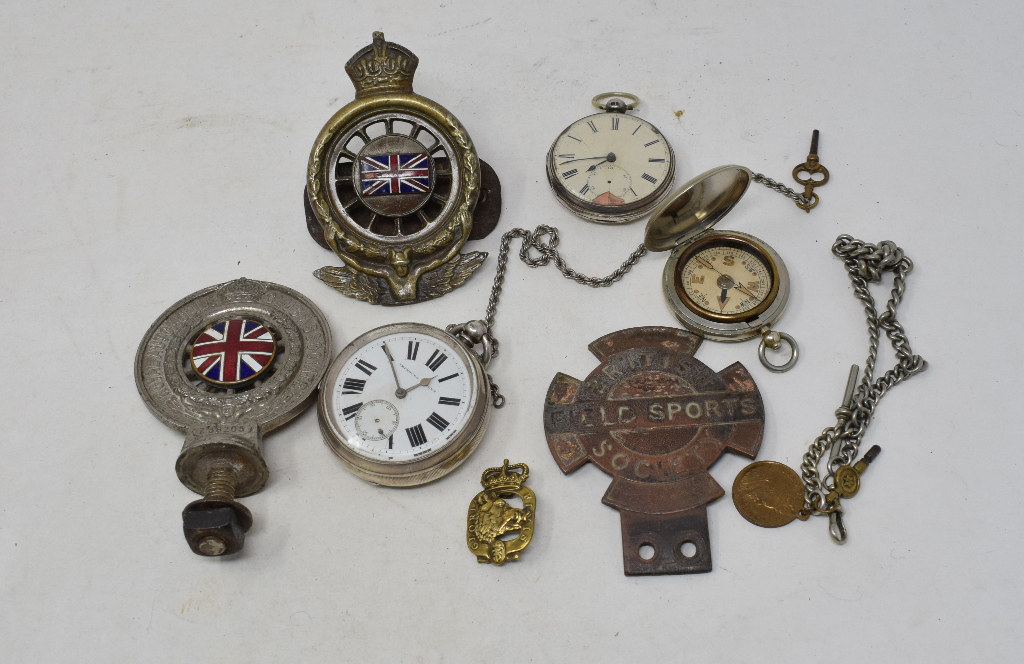 A silver open face pocket watch, two Alberts, cigarette cards, an RAC badge, and other items (qty)