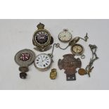 A silver open face pocket watch, two Alberts, cigarette cards, an RAC badge, and other items (qty)