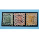 Three China stamps, 1878-83 thin paper, 2.5 mm spacing 1c, 3c and 5c values, each with part blue