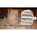 A painted metal bird cage, with two carved wood painted birds, 36 cm wide, hanging scales, baskets