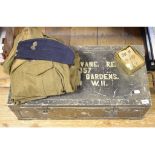 A battledress jacket, trousers, and other items, in a tin trunk Capt DS Vane RE Report by GH The
