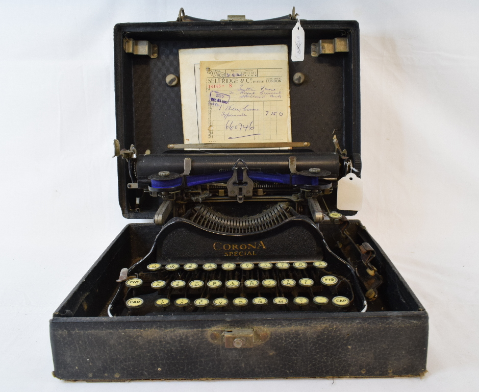 A Corona Special folding typewriter, boxed, a Ferguson 289L radio, and assorted light fittings (qty)