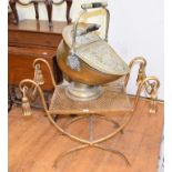 A gilt metal X frame stool, and a late Victorian brass coal bucket (2)