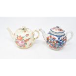 A Worcester porcelain teapot and cover, clobbered and restored, 12.5 cm high, a creamware teapot and